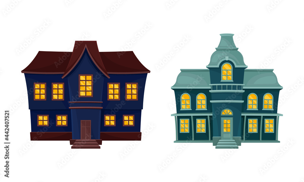 Gloomy Halloween Houses with Scary Shiny Yellow Windows Vector Set