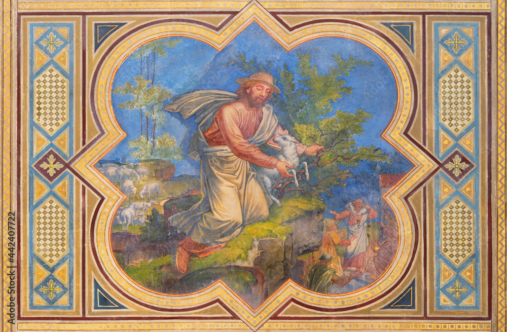 VIENNA, AUSTIRA - JUNI 24, 2021: The fresco of the parable of good shepherd in the Votivkirche church by brothers Carl and Franz Jobst (sc. half of 19. cent.).