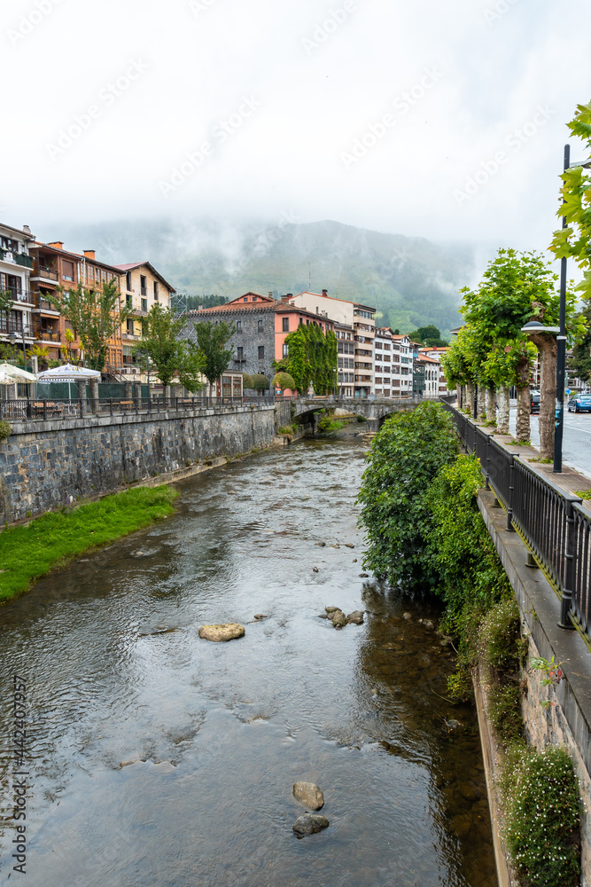 Traditional local houses in the town of Azkoitia next to the Urola river, Gipuzkoa. Basque Country
