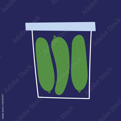 Pickled cucumbers in the glass jar. Flat hand drawn pickled cukes. Cute container for canning with homemade marinated gherkins.