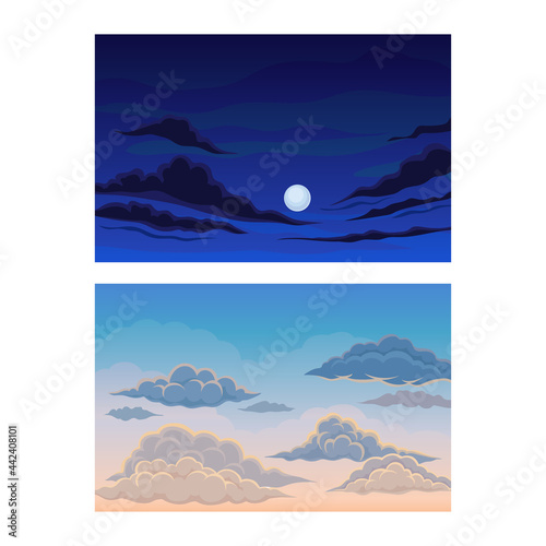 Sky Scene with Clouds Drifting Across It and Staying Still Vector Set