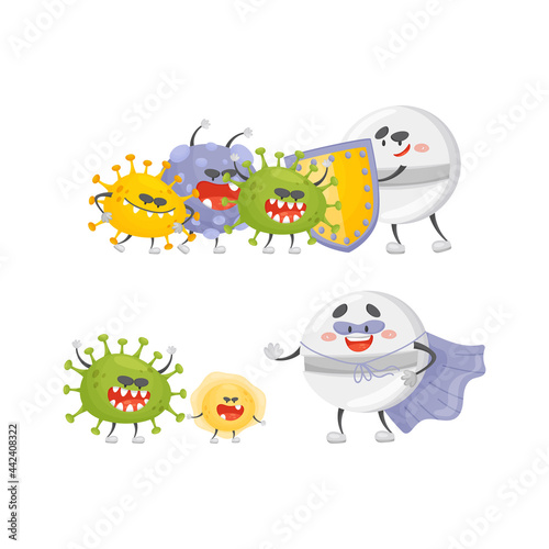 Medical Tablet and Pill Fighting Against Virus and Microbes Vector Set