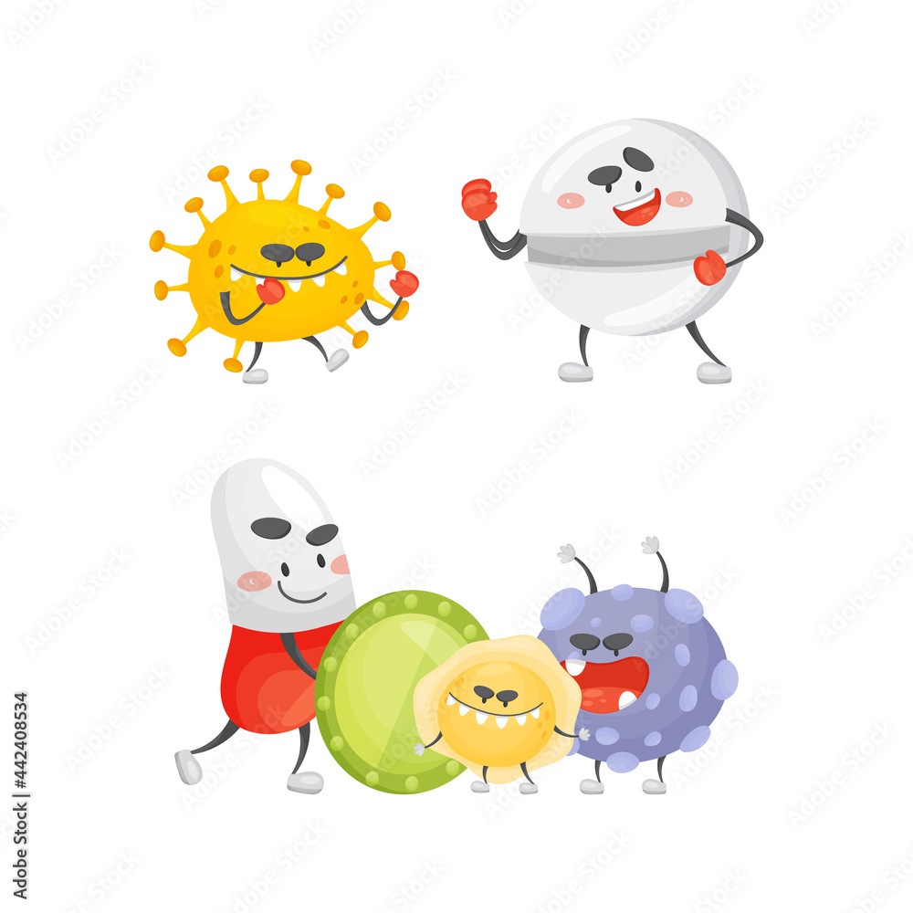 Medical Tablet and Pill Fighting Against Virus and Microbes Vector Set Medical Tablet and Pill Fighting Against Virus and Microbes Vector Set