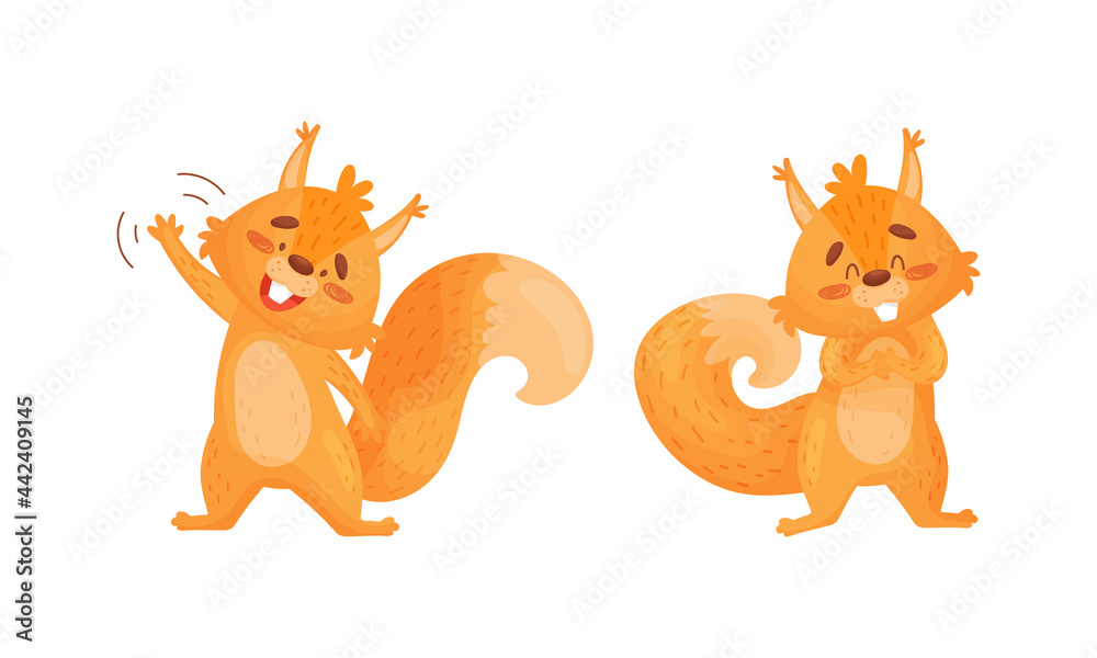 Fototapeta premium Fluffy Squirrel Character Waving Paw and Smiling Vector Set