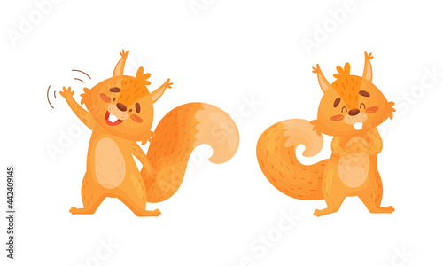 Fluffy Squirrel Character Waving Paw and Smiling Vector Set