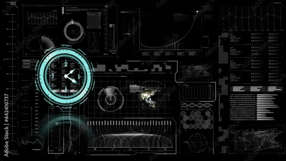 Animation of clock moving fast and data processing on digital screen Animation of clock moving fast and data processing on digital screen