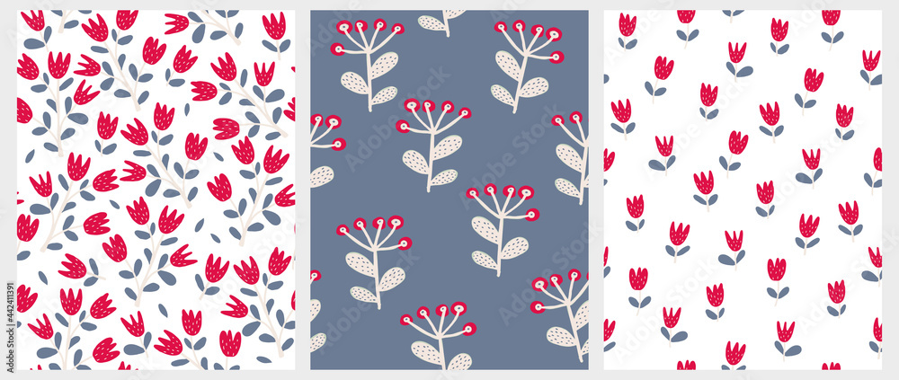 Fototapeta premium Cute Hand Drawn Floral Seamless Vector Patterns. Red Flowers and Twigs Isolated on a White and Pale Dark Blue Background. Infantile Style Floral Print for Fabric, Textile. Abstract Garden.