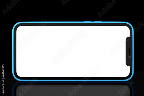 Realistic blue smartphone with blank white screen isolated on black background