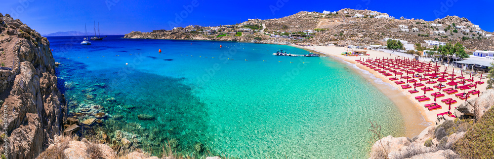Greece summer holidays. Cyclades .Most famous and beautiful beaches of Mykonos island - Super Paradise beach famous for beach parties ,with crystal celar waters