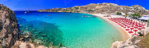 Greece summer holidays. Cyclades .Most famous and beautiful beaches of Mykonos island - Super Paradise beach famous for beach parties ,with crystal celar waters