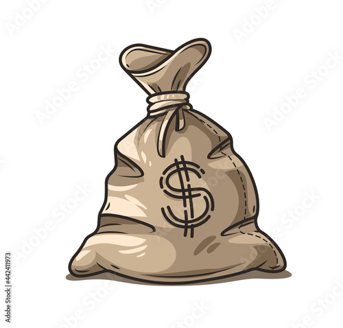 Full sack of cash money corded with rope. Banking concept cartoon icon of moneybag with dollar currency sign. Isolated on white transparent background. Vector illustration.