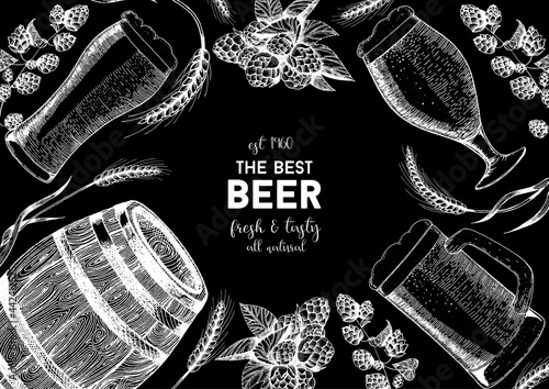 Brewing illustration. Hops and beer hand drawn sketch. Hops and malt, beer glasses and barrel.