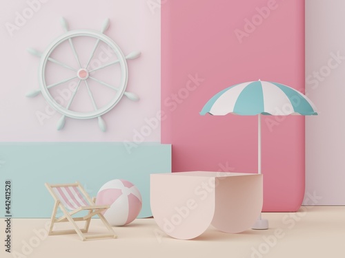 3d podium stand for product presentation with summer concept. Pedestal platform for cosmetic advertising. Minimal summer vacation. © TANATPON