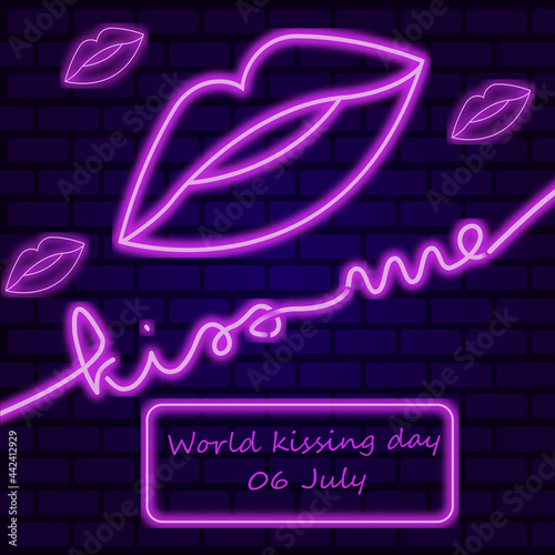 World kissing day 06 july. kiss neon.kiss me. purple neon style. lips neon