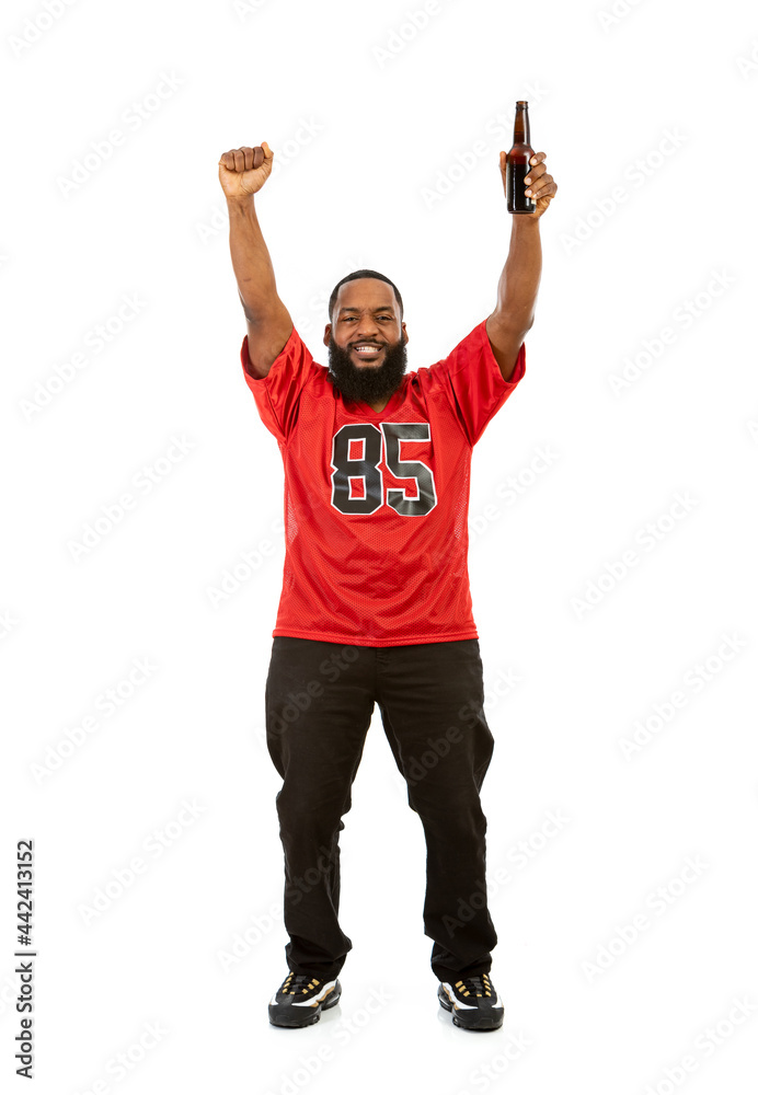 Fan: Sports Fanatic With Cold Beer Cheering With Hands Raised Fan: Sports Fanatic With Cold Beer Cheering With Hands Raised