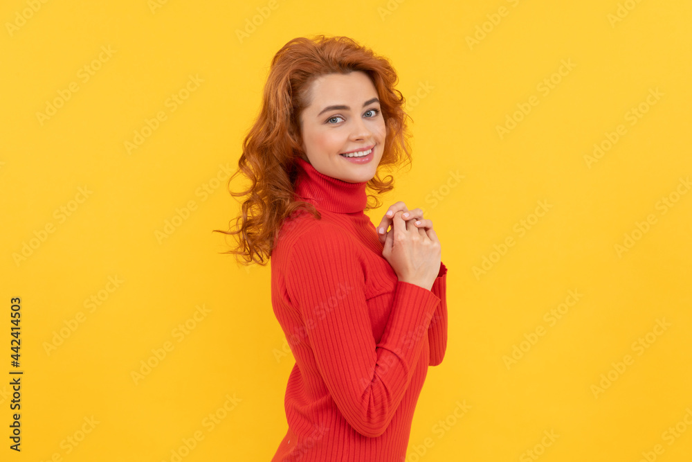 happy redhead woman with curly hair smiling on yellow background, beauty happy redhead woman with curly hair smiling on yellow background, beauty