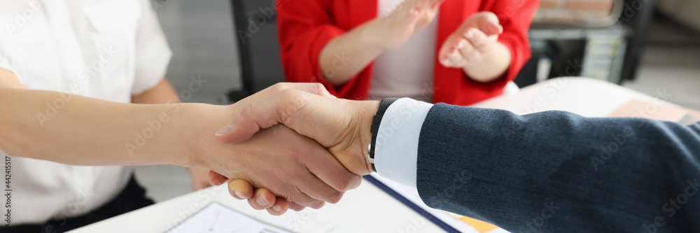 Closeup of partners handshaking at business meeting