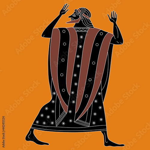 Standing ancient Greek man in long mantle with raised arms. Vase painting style.