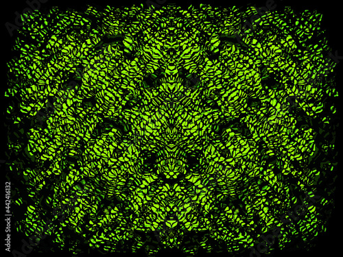 Backdrop with black and dark green olive colors. Cool modern art. Digital technology in textured cell effect material. Ancient orientale style shiny surface. Stylish vintage creative image