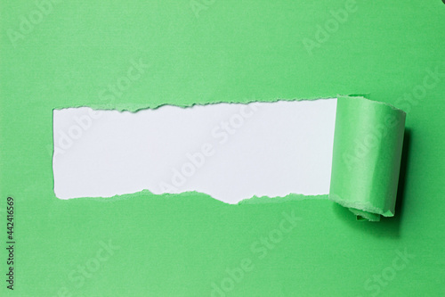 Torn green paper with a twisted edge. Space for text