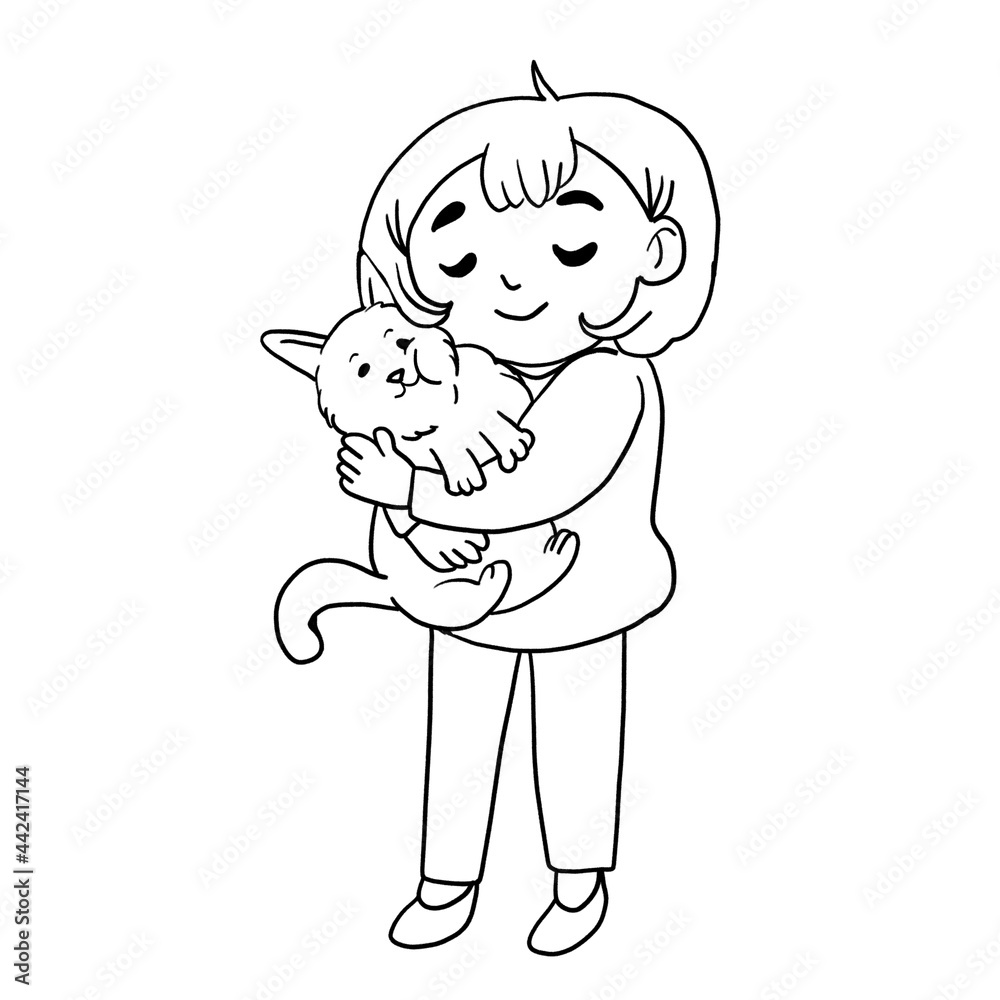 cute doodle cartoon baby girl holding a fluffy cat isolated on a white background, people, care, animals, hug, for print, decor, design, fabric, textiles cute doodle cartoon baby girl holding a fluffy cat isolated on a white background, people, care, animals, hug, for print, decor, design, fabric, textiles