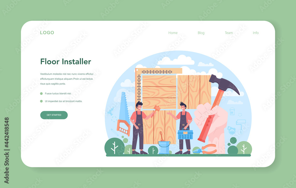 Flooring installer web banner or landing page. Professional parquet laying Flooring installer web banner or landing page. Professional parquet laying