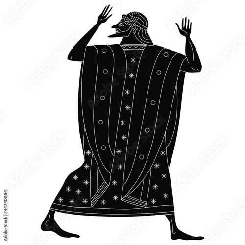 Standing ancient Greek man in long mantle with raised arms. Vase painting style. Black and white negative silhouette.