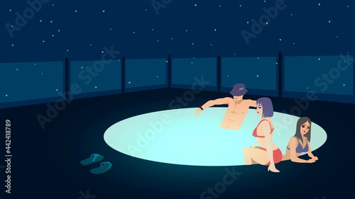 Pool party illustration: one guy and two girls in the jacuzzi