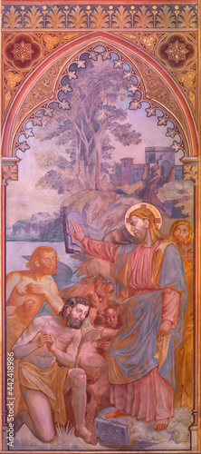 Slika na platnu VIENNA, AUSTIRA - JUNI 24, 2021: The fresco the exorcism of the Gerasene demoniac in the Votivkirche church by brothers Carl and Franz Jobst (sc