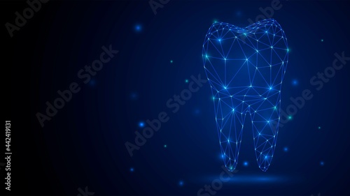 Tooth with root from blue glowing triangular mesh, dental technology concept