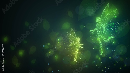 Two glowing green fairies on a dark background with leaves