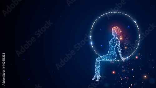 A magical girl made of blue sparks and with red hair sits on a circle in the starry sky, Goddess or fairy on the moon