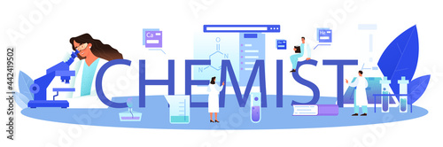 Chemist typographic header. Chemistry scientist doing an experiment