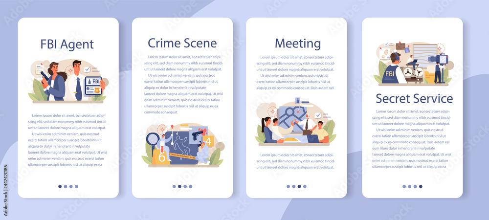 FBI agent mobile application banner set. Police officer or inspector FBI agent mobile application banner set. Police officer or inspector