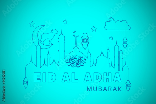 Eid al-Adha, the Muslim holiday of the sacrifice of Kurban Bayrami. Festive card with the moon on a blue background.
