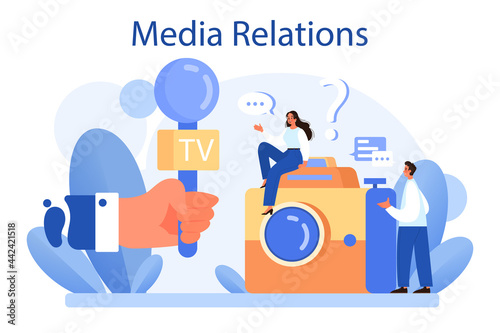 Media relations concept. Producing the news and brand advert