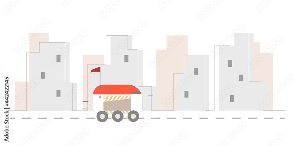 Self driving delivery robot moving on the street with order. Trendy vector illustration for banner