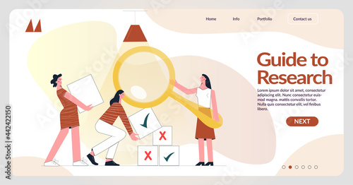 Female character with magnifying glass Woman search document or file. Concept of information, data organization, optimization, searching and analyzing. Flat vector illustration, web banner template