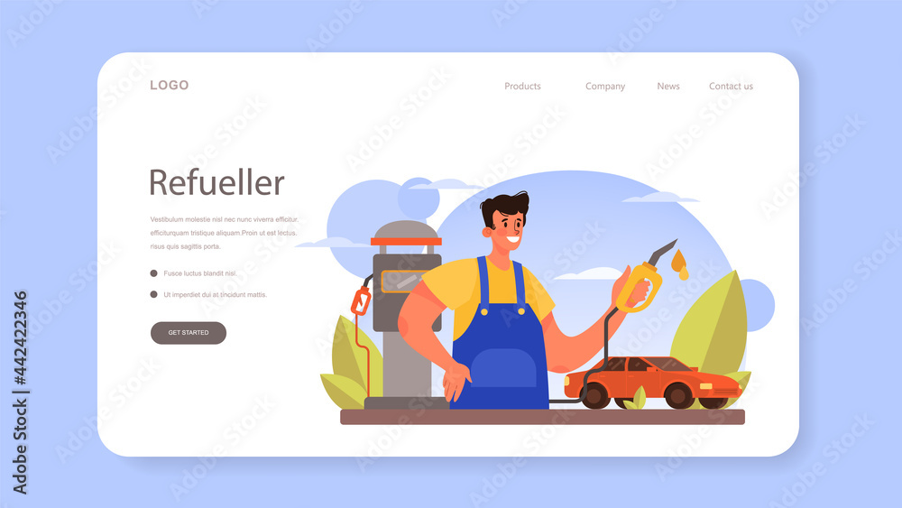 Refueler web banner or landing page. Gas station worker in uniform working