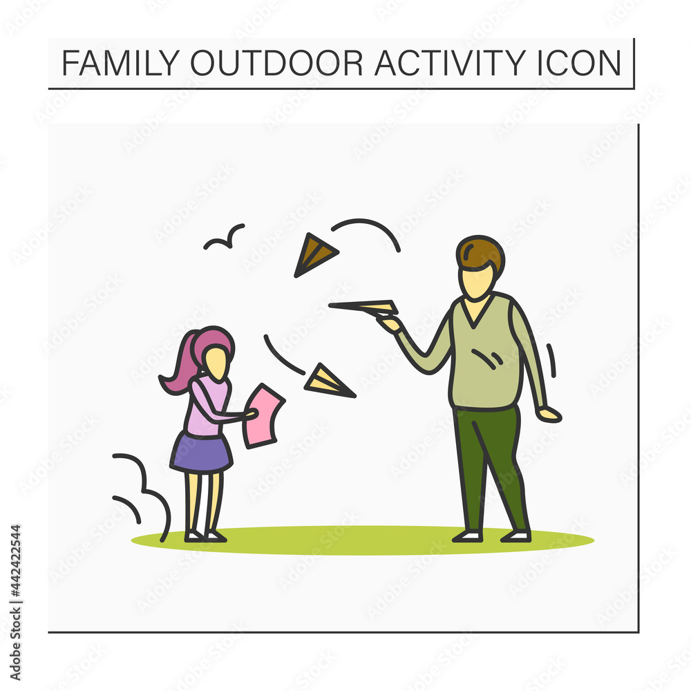 Build paper plane color icon. Father and daughter throwing paper planes having fun together outdoors. Family summer outside activity concept. Parents and kids. Isolated vector illustration