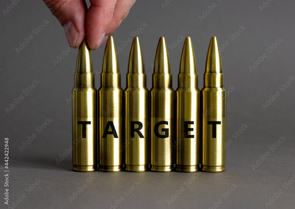 Target symbol. Ammunitions imitation with the word turget. Beautiful grey background, copy space. Business and target concept. Target symbol. Ammunitions imitation with the word turget. Beautiful grey background, copy space. Business and target concept.