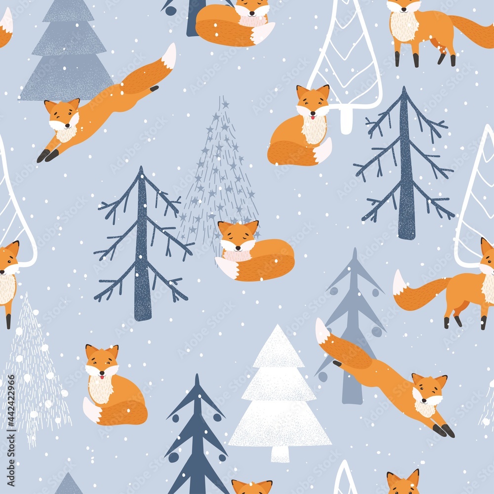 Fototapeta premium Christmas pattern. Cute fox, winter forest, snow. Seamless pattern on a white background. Winter forest with animals and Christmas tree design for textiles, wallpaper, fabric.