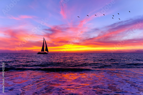 Sunset Ocean landscape Sailboat Silhouette