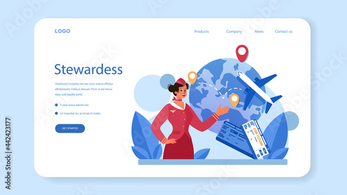 Stewardess web banner or landing page. Flight attendants help passenger