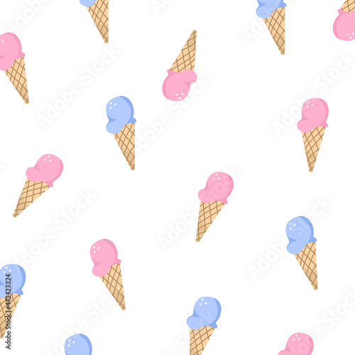 Vector seamless pattern with multicolor ice cream on white background. Frozen dessert background. Design for summer fashion textile print, wrapping paper, web backgrounds, cafe.
