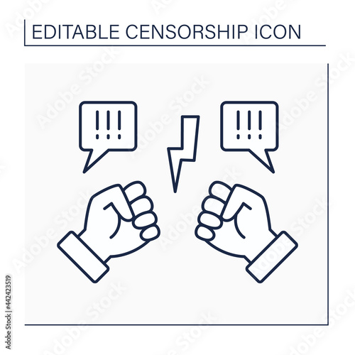Controversial line icon. Public disagreement. Prolonged dispute, fight unfolds in public places. Political opposition. Censorship concept. Isolated vector illustration. Editable stroke