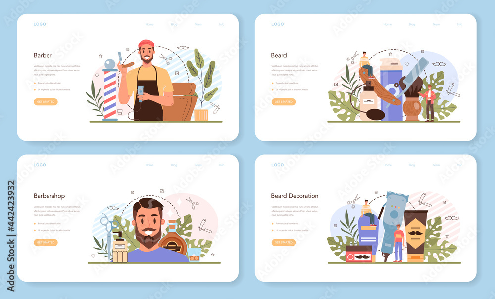 Barber web banner or landing page set. Idea of hair and beard care.