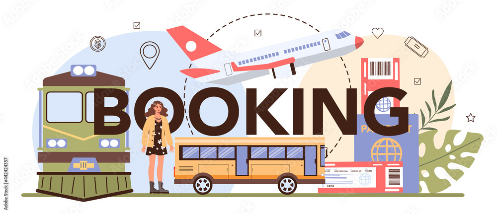 Booking typographic header. Buying a ticket for plane, bus or train. Car sharing