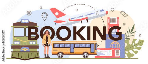 Booking typographic header. Buying a ticket for plane, bus or train. Car sharing