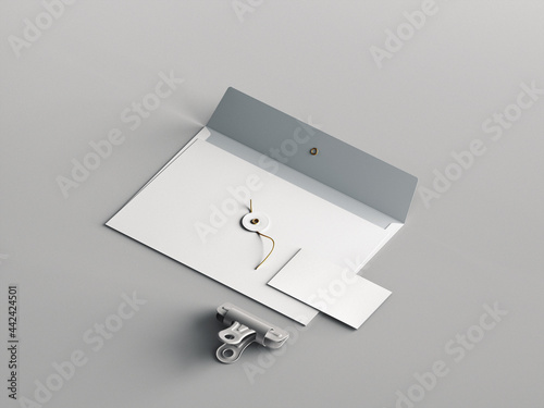Business card, c5 envelope  and paper clip blank mockup template with grey color background (ID: 442424501)